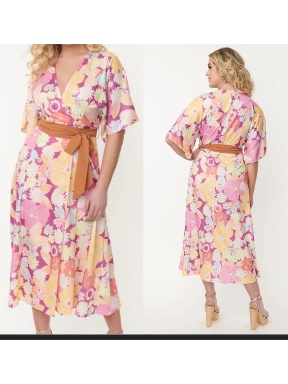Unique Vintage X Smiley Psychedelic Bell Sleeve Floral Wrap Dress Size 1X. $118